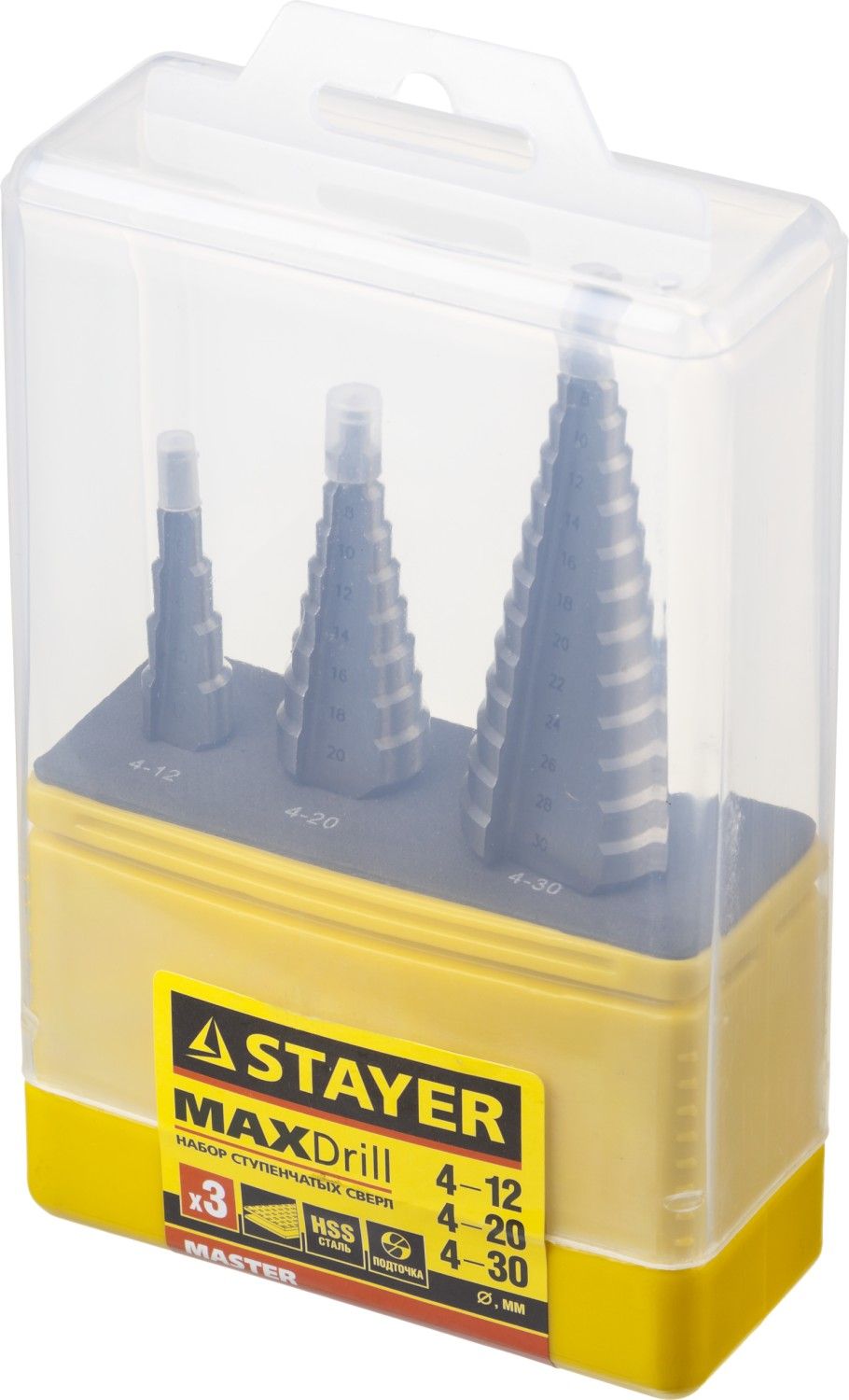 Набор STAYER "MASTER":Ступенчатые сверла по сталям и цвет.мет. d=4-12мм,5ступ  d 4-20мм 9ступ, d 4-30мм