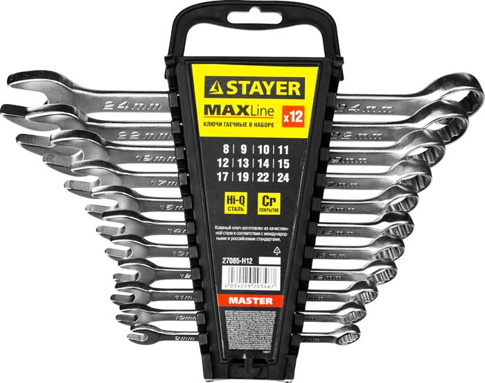 Набор: Ключ STAYER "MASTER" комбинирован.,хромирован., 8-24мм, 12шт